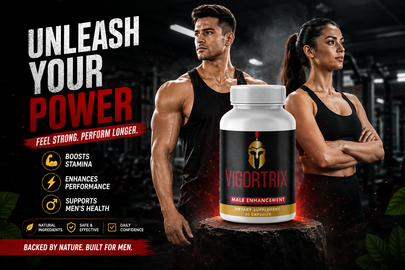Vigortrix male enhancement supplement bottle with athletic couple